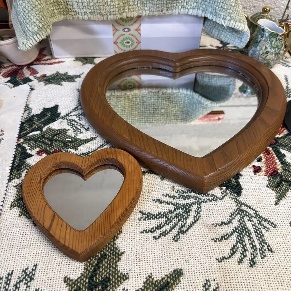 Vtg 2 Heart Shaped Wood Wall Mirrors Cottagecore Wall Decor Grandma Core